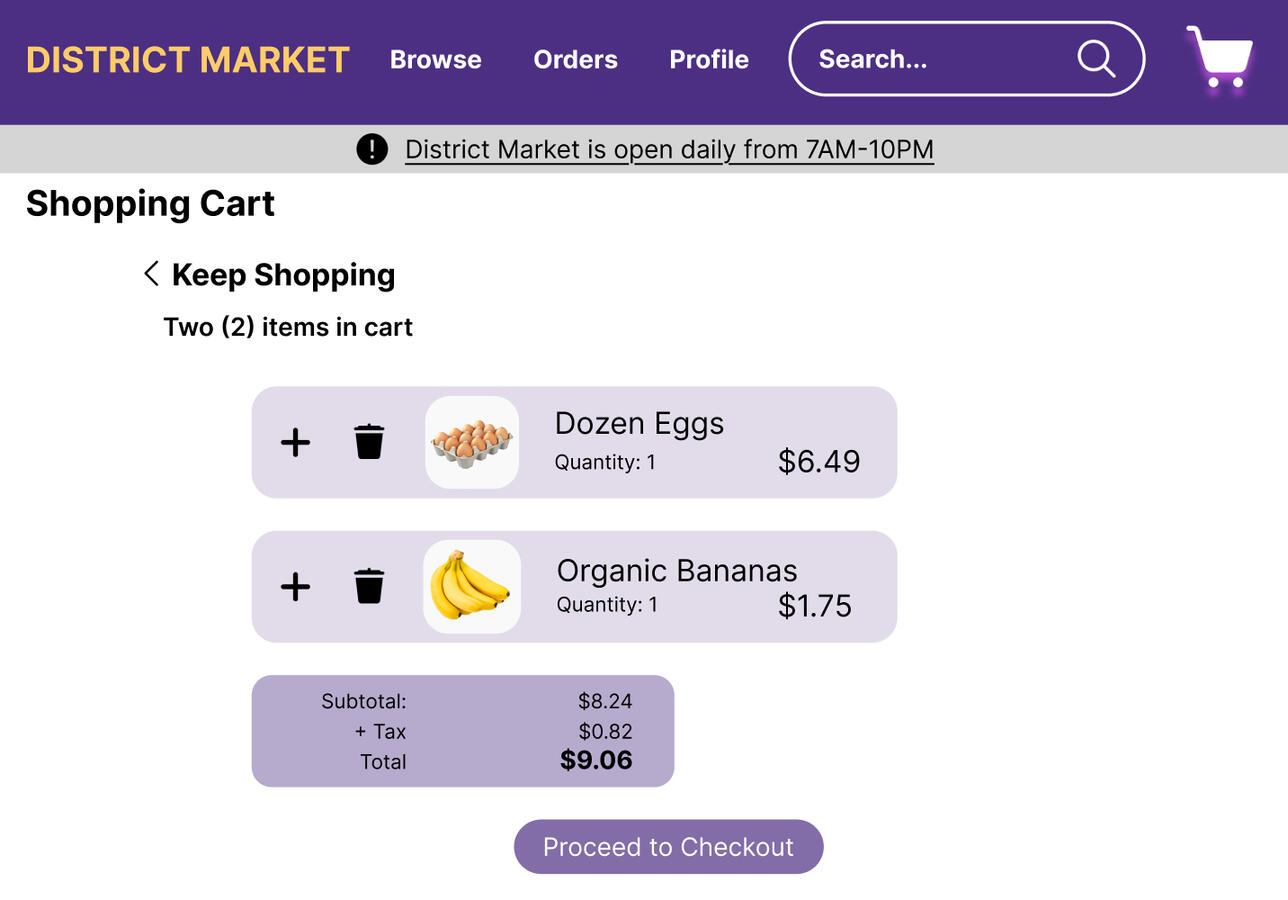 Cart view in the original desktop prototype